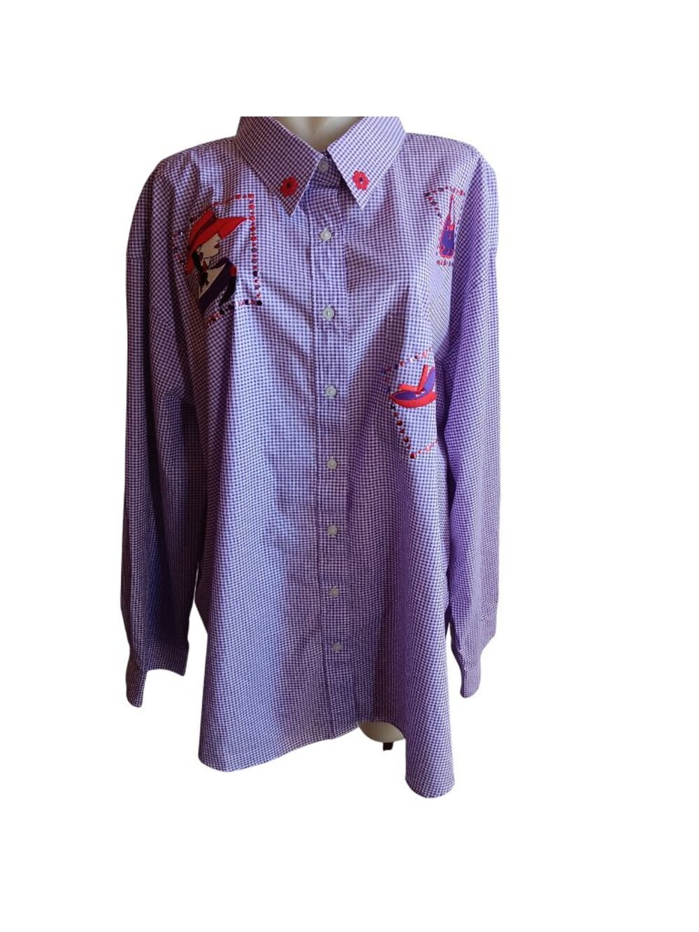 XXL Vintage 1990s Sequin Top Glammy NEW P.G.B. Purple Checker Blouse Shirt XXL